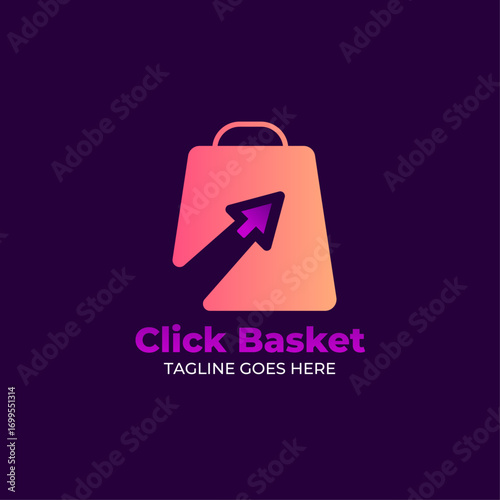 Click Basket Logo – Gradient Shopping Bag with Cursor Arrow, E-commerce Vector Design
