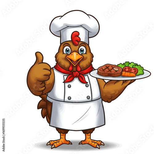 A cartoon chicken chef wearing a hat and coat, giving a thumbs-up and holding a plate with a steak and vegetables.