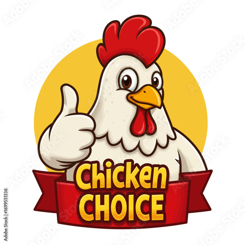 Cartoon illustration of a white chicken with a red comb and a thumbs-up gesture, with the words 'Chicken Choice' on a red banner.