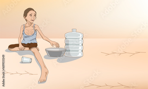 Vector illustration of a child who is thin due to malnutrition, drought and food shortages, with a background of cracked, barren and dry land