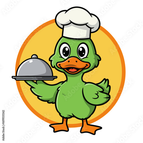An adorable cartoon green duck character dressed as a chef, holding a silver food cloche on a tray.
