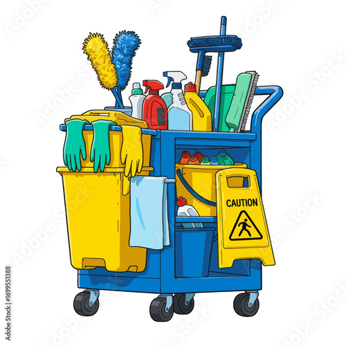 A blue cleaning cart filled with various cleaning supplies, including brushes, bottles, and gloves.