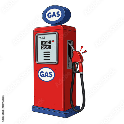 A retro-style red and blue gasoline pump with a digital meter and nozzle, depicted in a cartoon illustration on a white background.