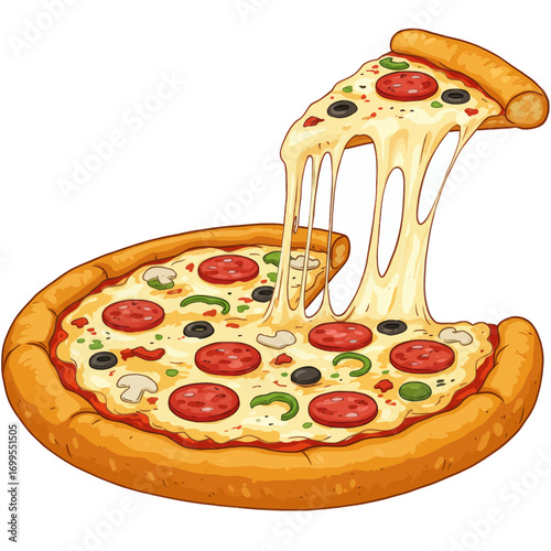 A delicious slice of pepperoni pizza is being lifted, revealing long strands of melted cheese.