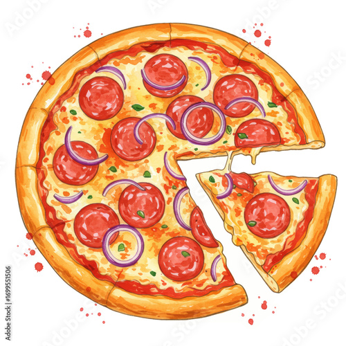 Vibrant watercolor illustration of a whole pepperoni and red onion pizza with a single slice removed, showing melted cheese.