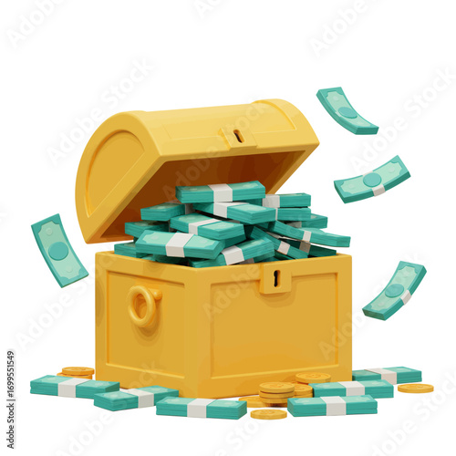 A 3D rendering of a golden treasure chest overflowing with money and banknotes.