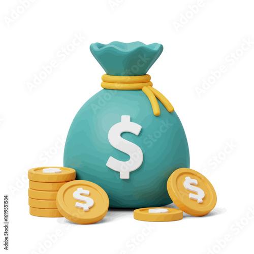 3D rendered illustration of a teal money bag with a dollar sign and gold coins.