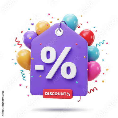 A vibrant 3D illustration of a purple discount tag with a percentage symbol and the word 'DISCOUNT' on a festive background with balloons and confetti.