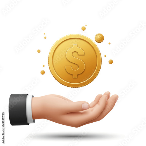 A hand holding a golden coin with a dollar sign, representing finance and wealth.