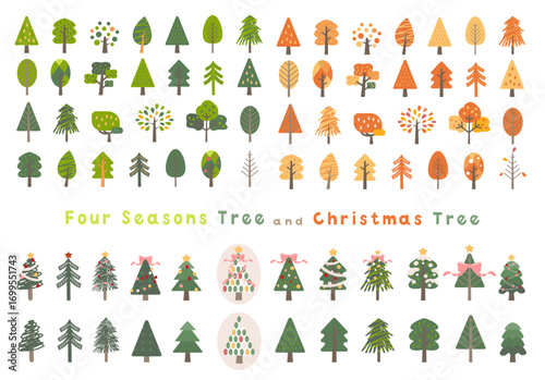 四季の木々とクリスマスツリーのイラストセット/Four Seasons Tree and Christmas Tree Illustration Set
