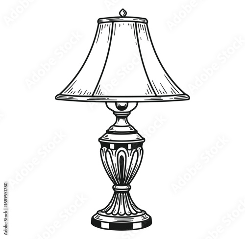 Elegant detailed vintage table lamp illustration in black and white isolated on white background