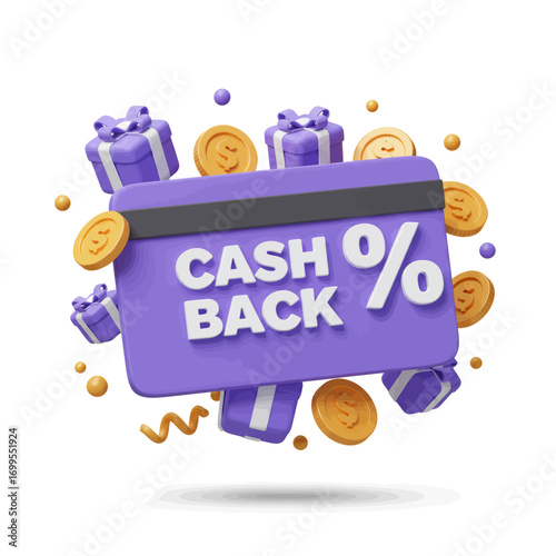 Purple cash back card graphic with gifts and coins, 3D style.