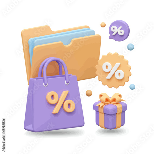 3D illustration of a shopping bag, gift box, and folder with discount percentage symbols, representing online sales and promotions.