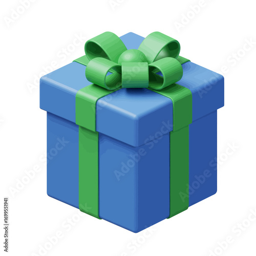 A 3D rendered image of a blue gift box tied with a green ribbon, perfect for celebrations.