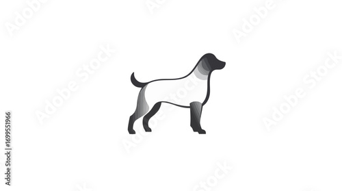 A minimalist white silhouette of a dog stands against a dark gray background.