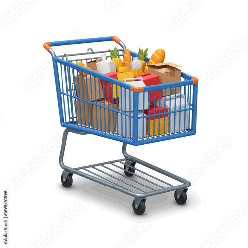 A blue shopping cart filled with various groceries and food items, isolated on a white background, representing consumerism and retail.