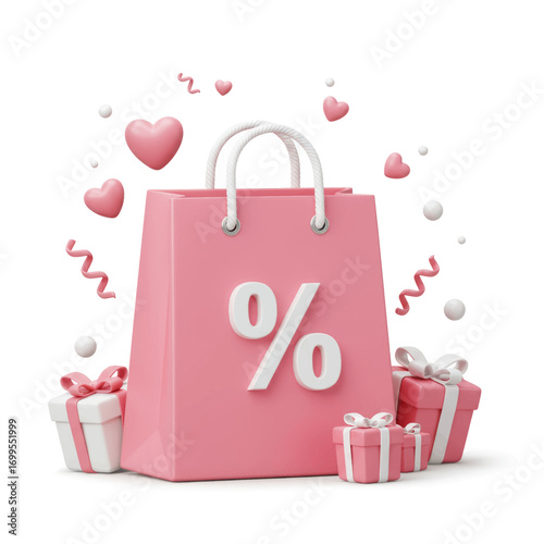 Pink shopping bag with a percentage symbol, surrounded by hearts and gift boxes, representing sales and promotions.
