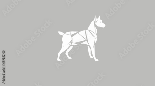 A minimalist illustration of a dog, depicted with geometric shapes, standing on a plain background.