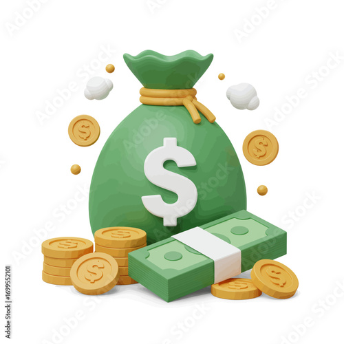 A 3D rendered illustration of a green money bag with a dollar sign, coins, and a stack of cash.
