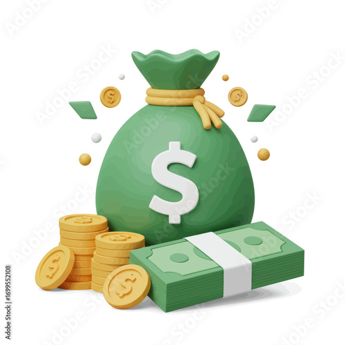 3D illustration of a money bag with coins and banknotes.