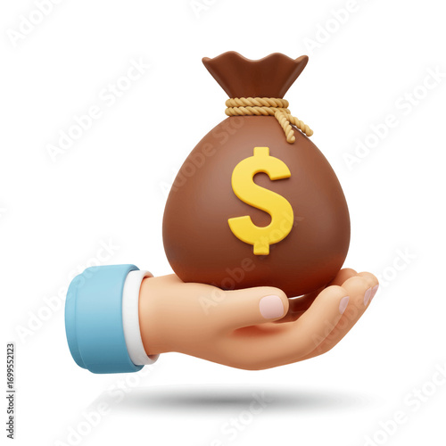 A cartoon hand holding a brown money bag with a yellow dollar sign.