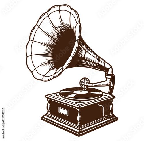 Elegant engraved illustration of a vintage brown gramophone playing vinyl records on white background