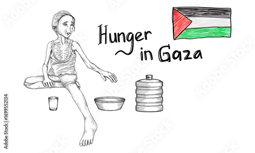 Sketch of a poor Palestinian child with a thin body due to hunger, an empty bowl and a gallon without water. Famine disaster. Hunger Starvation. Children sad with empty glass and bowls. Starving Gaza.