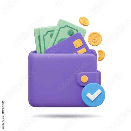 A 3D illustration of a purple wallet filled with cash and a credit card, with coins flying out and a checkmark icon.
