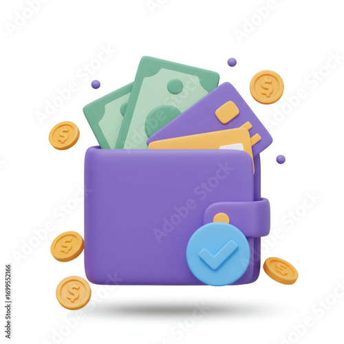 3D rendered illustration of a purple wallet with cash, credit cards, and coins, representing finance and payment.