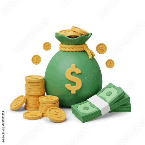A 3D illustration of a money bag filled with coins and dollar bills, symbolizing wealth and finance.