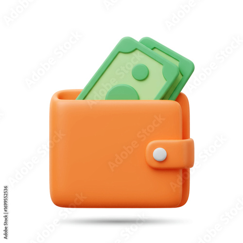 A 3D illustration of an orange wallet with green banknotes peeking out from the top, set against a white background.