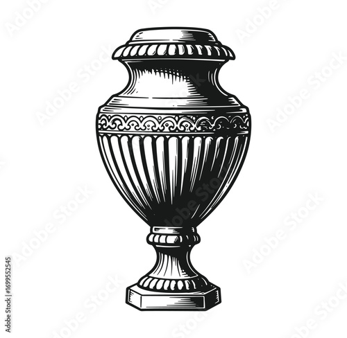 Elegant hand drawn vector illustration of a decorative urn in a classic engraved style