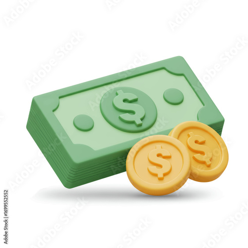 3D render of a stack of green dollar bills and two golden coins with a dollar sign, representing money, finance, and wealth.