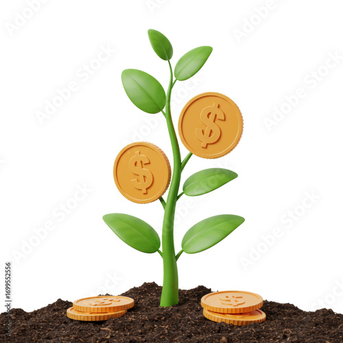 A vibrant illustration of a plant growing coins, symbolizing financial growth and investment.