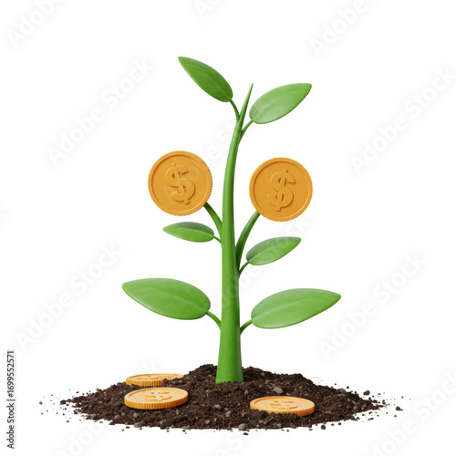 Money plant growing from soil with dollar coins, financial growth concept.