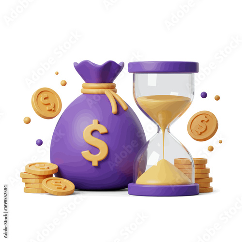A 3D illustration depicting a purple money bag with a dollar sign, an hourglass filled with sand, and scattered gold coins, symbolizing financial growth and the passage of time.