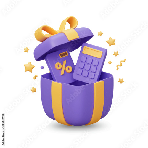 A 3D illustration of an open purple gift box with a yellow ribbon, revealing a calculator and a discount percentage tag.