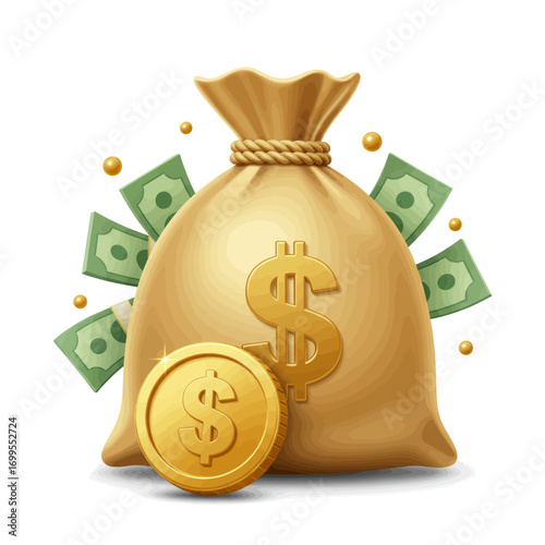 A golden money bag overflowing with cash and coins, symbolizing wealth and financial success.