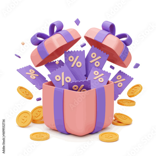 A 3D rendering of an open gift box overflowing with discount coupons and gold coins, representing rewards.
