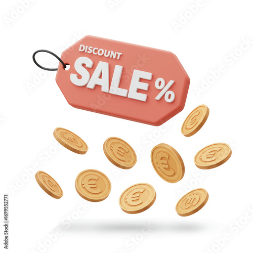 A red sale tag with the word "SALE" and a percentage sign, with gold coins falling from it.