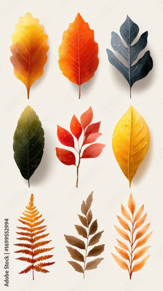 Fototapeta premium Autumn leaves display showcasing various colors and shapes in an artistic arrangement