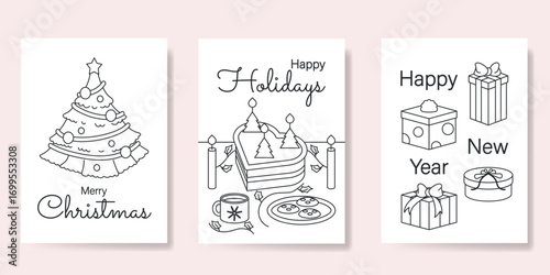 Christmas and Happy Holidays coloring book design vector set. Christmas tree, cake, candle, gifts. Illustration for kids, prints, card, poster.