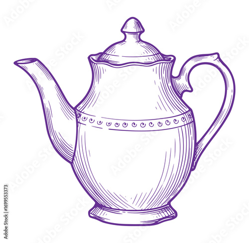 Hand drawn elegant purple tea pot illustration isolated on white background for design elements