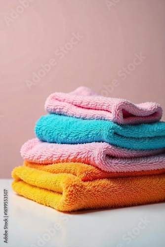 Sparkling clean laundry, fresh from the washing machine, neatly folded and ready to be put away A pile of soft towels and vibrant clothes, symbolizing freshness and cleanliness , white, purity