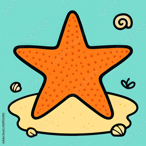 Cartoon illustration of a bright orange starfish resting on a sandy beach with seashells against a light blue ocean background