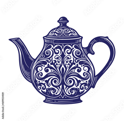 Intricate navy blue teapot with ornate floral swirls on a pure white background