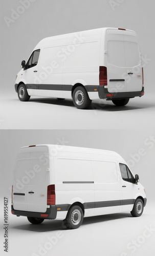 Blank white cargo van template from two rear three-quarter views. A generic commercial transport vehicle for delivery services, isolated for mockups