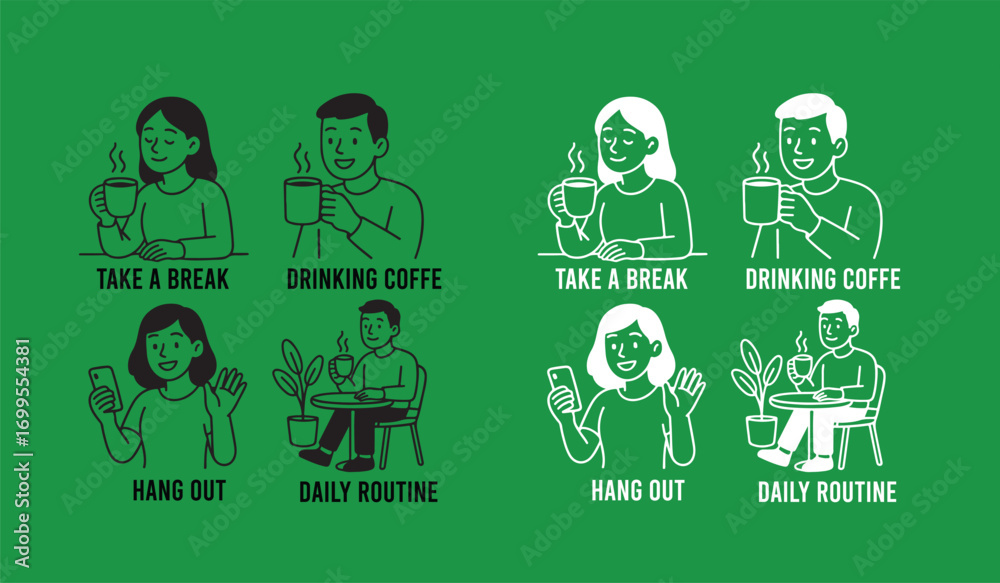 Fototapeta premium Take a break. Vector illustrations line art of people enjoying free time, drinking coffee, daily routine, invitation to hang out, for social media stickers