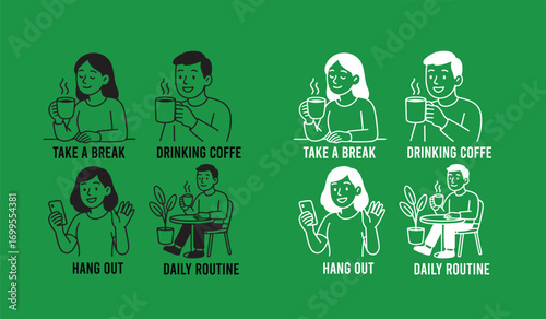Take a break. Vector illustrations line art of people enjoying free time, drinking coffee, daily routine, invitation to hang out, for social media stickers