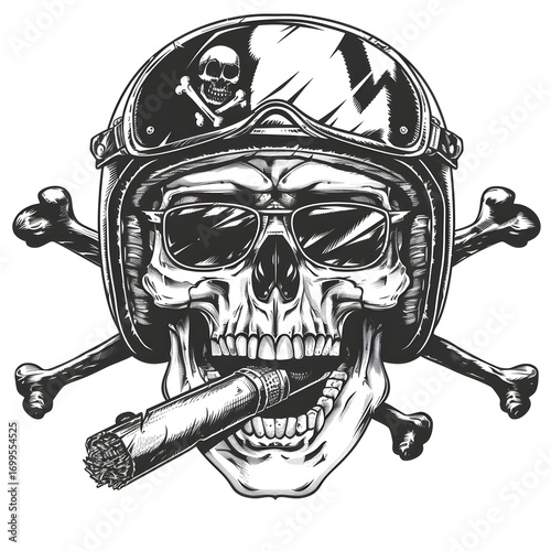Skull Biker with Helmet and Cigar Monochrome Vector